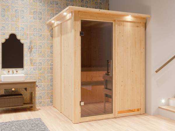 Karibu Sauna Norin inkl. 9 kW Ofen mit integrierter Steuerung, mit moderner Saunatür -mit Dachkranz-