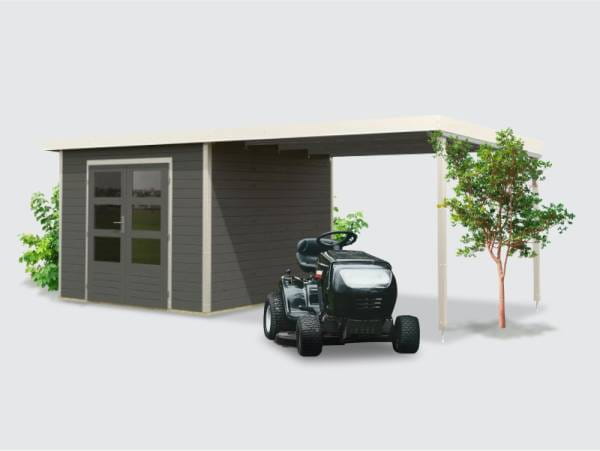 Osb smart choice Hybrid Gartenhaus Woodtallic B, terragrau/weiß im Set mit Fußboden, inkl. 3 m Anbaudach