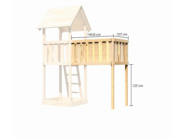 Akubi Spielturm Lotti Satteldach + Rutsche blau + Doppelschaukel + Anbauplattform XL + Netzrampe