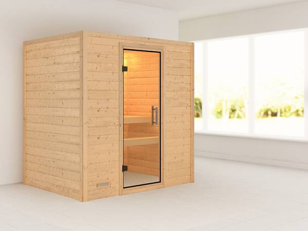 Karibu Massivholzsauna Sonja 38 mm mit Klarglas Ganzglastüre, ohne Dachkranz