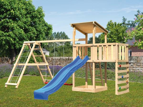 Karibu Spielturm Anna + Rutsche blau + Doppelschaukelanbau Klettergerüst + Anbauplattform + Kletterwand