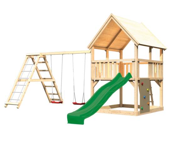 Akubi Spielturm Luis Satteldach + Rutsche grün + Doppelschaukelanbau Klettergerüst + Kletterwand