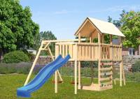 Akubi Spielturm Danny Satteldach + Rutsche blau + Doppelschaukel + Anbauplattform XL + Kletterwand