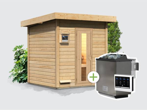 Osb smart choice Saunahaus Hella 2  38 mm - inkl. 9 kW Bioofen ext. Steuerung - mit Dacheindeckung und Fußboden