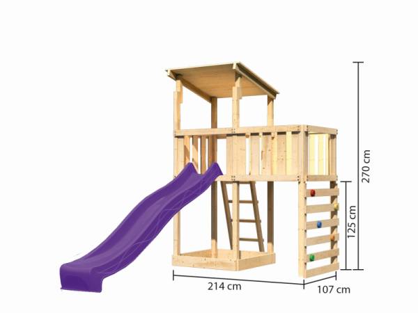 Akubi Spielturm Anna + Rutsche violett + Anbauplattform + Kletterwand