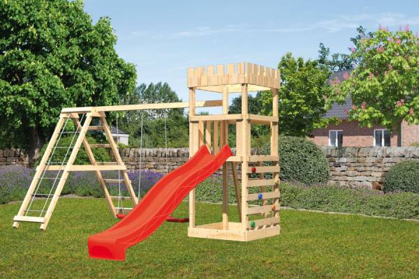 Karibu Ritterburg Löwenherz + Rutsche + Doppelschaukelanbau Klettergerüst + Kletterwand Karibu Ritterburg Löwenherz + Rutsche + Doppelschaukelanbau Klettergerüst + Kletterwand