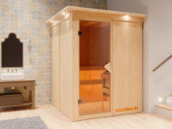 Karibu Sauna Norin inkl. 9 kW Bioofen ext. Steuerung, klassische Saunatür - mit Dachkranz -