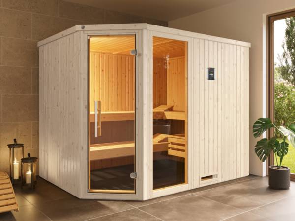 Weka Elementsauna Varberg 4 Trend, weiß, inkl. 9 kW Bioofen digitale Steuerung (BioS), Ganzglastür und Fenster