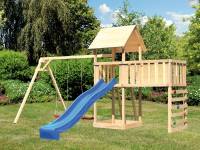Akubi Spielturm Lotti Satteldach + Rutsche blau + Doppelschaukel + Anbauplattform XL + Kletterwand