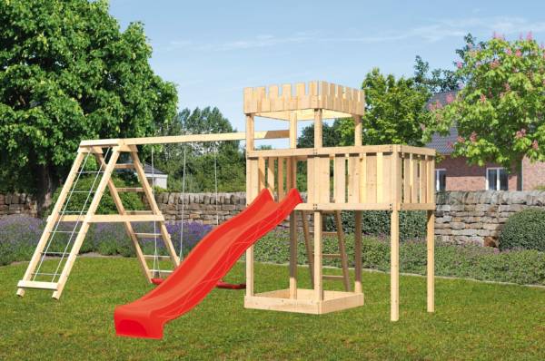Karibu Ritterburg Löwenherz + Rutsche + Doppelschaukelanbau Klettergerüst + Anbauplattform