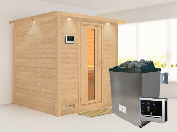 Karibu Sauna Mojave inkl. 9-kW-Ofen mit externer Steuerung, mit Dachkranz, mit energiesparender Saunatür