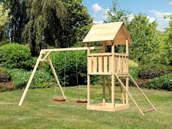 Karibu Spielturm Lotti mit Doppelschaukel und Netzrampe Karibu Spielturm Lotti mit Doppelschaukel und Netzrampe