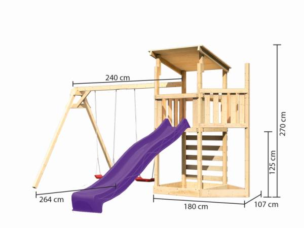 Akubi Spielturm Anna + Rutsche violett + Doppelschaukel + Kletterwand + Schiffsanbau oben