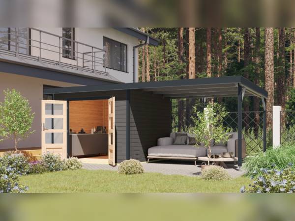 Karibu Hybrid Gartenhaus Pluto 6 B, terragrau/anthrazit inkl. 3 m Anbaudach