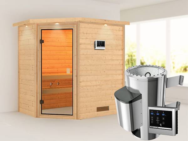 Karibu Sauna Jella mit 3,6 kW Ofen ext. Strg und Dachkranz 38 mm Karibu Sauna Jella mit 3,6 kW Ofen ext. Strg und Dachkranz 38 mm