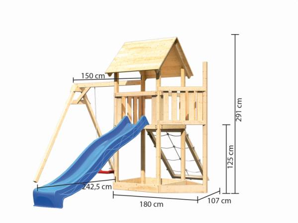 Akubi Spielturm Lotti Satteldach + Schiffsanbau oben + Einzelschaukel + Netzrampe + Rutsche in blau