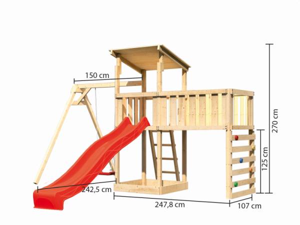 Akubi Spielturm Anna + Rutsche rot + Einzelschaukel + Anbauplattform XL + Kletterwand