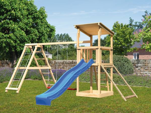 Karibu Spielturm Anna + Rutsche blau + Doppelschaukelanbau Klettergerüst + Netzrampe Karibu Spielturm Anna + Rutsche blau + Doppelschaukelanbau Klettergerüst + Netzrampe