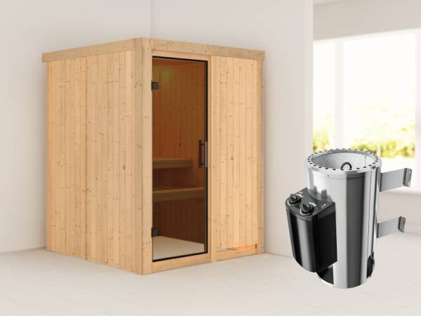 Minja - Karibu Sauna Plug & Play 3,6 kW Ofen, int. Steuerung - ohne Dachkranz - Moderne Saunatür