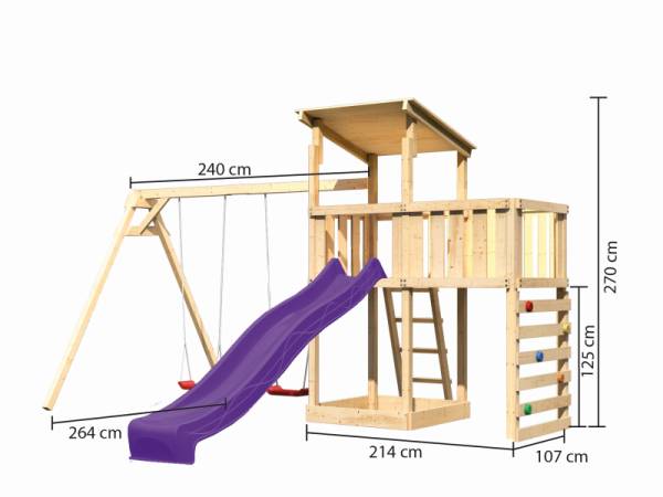 Akubi Spielturm Anna + Rutsche violett + Doppelschaukel + Anbauplattform + Kletterwand