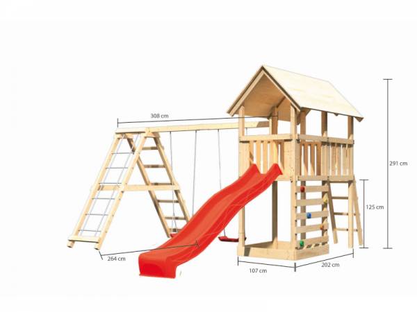 Akubi Spielturm Danny Satteldach + Rutsche rot + Doppelschaukelanbau Klettergerüst + Kletterwand