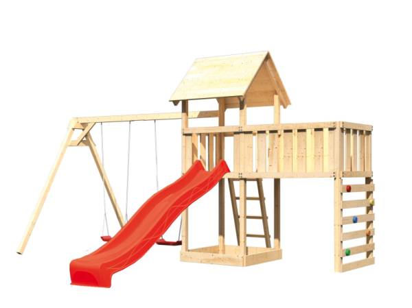 Akubi Spielturm Lotti Satteldach + Rutsche rot + Doppelschaukel + Anbauplattform XL + Kletterwand
