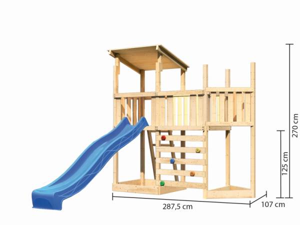 Akubi Spielturm Anna + Rutsche blau + Anbauplattform + Kletterwand + Schiffsanbau oben