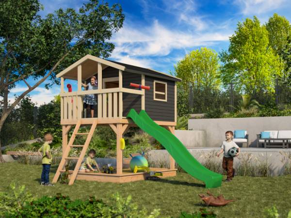 Akubi Stelzenhaus Benjamin terragrau + Rutsche grün + Sandkasten Akubi Stelzenhaus Benjamin terragrau + Rutsche grün + Sandkasten