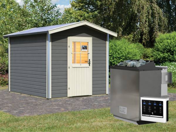 Karibu Saunahaus Bosse 1 terragrau mit Vorraum, inkl. 9 kW Bioofen ext. Steuerung - mit klassischer Tür