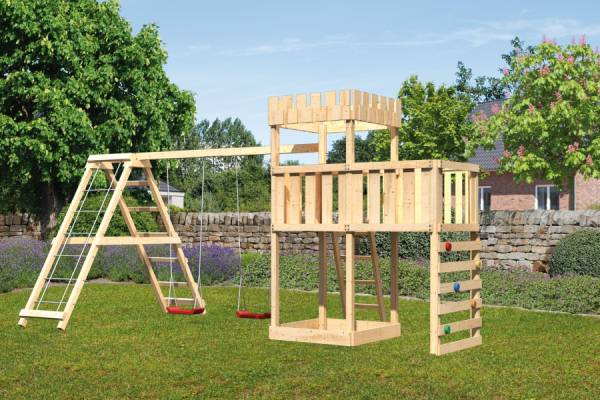 Karibu Ritterburg Löwenherz + Doppelschaukelanbau Klettergerüst + Anbauplattform + Kletterwand Karibu Ritterburg Löwenherz + Doppelschaukelanbau Klettergerüst + Anbauplattform + Kletterwand