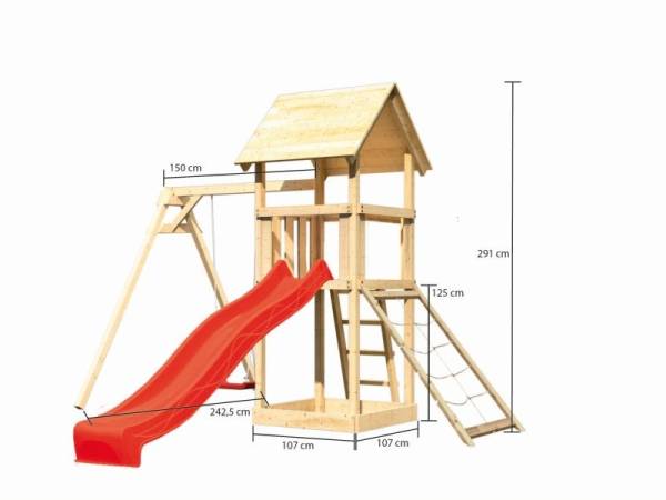 Akubi Spielturm Lotti mit Einzelschaukel, Netzrampe und Rutsche rot