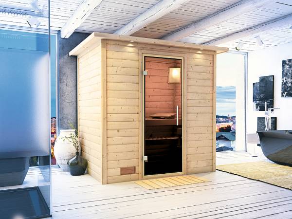 Karibu Massivholzsauna Sonja 38 mm mit moderner Saunatür, mit Dachkranz