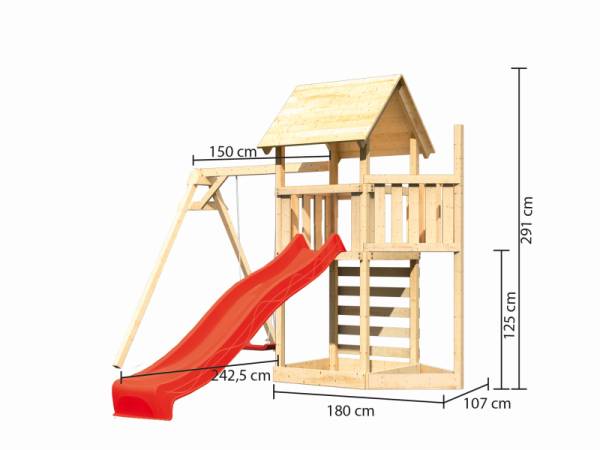Akubi Spielturm Lotti Satteldach + Schiffsanbau oben + Einzelschaukel + Kletterwand + Rutsche in rot