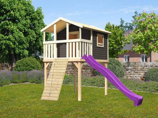 Akubi Stelzenhaus Benjamin terragrau + Rutsche violett + Holzrampe Akubi Stelzenhaus Benjamin terragrau + Rutsche violett + Holzrampe