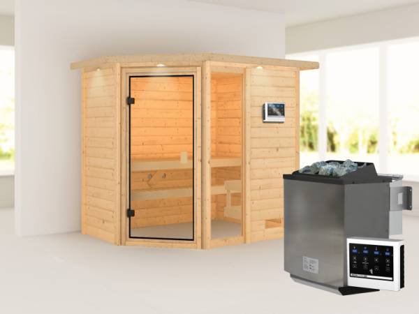 Karibu Sauna Jada mit 9 kW Bioofen ext. Strg und Dachkranz 38 mm Karibu Sauna Jada mit 9 kW Bioofen ext. Strg und Dachkranz 38 mm