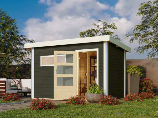 Karibu Saunahaus Skrollan 1 in terragrau- 38 mm- ohne Ofen- moderne Tür Karibu Saunahaus Skrollan 1 in terragrau- 38 mm- ohne Ofen- moderne Tür