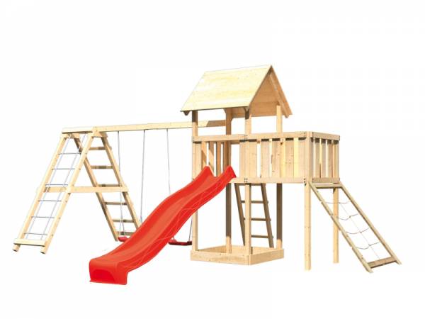 Akubi Spielturm Lotti Satteldach + Rutsche rot + Doppelschaukelanbau Klettergerüst + Anbauplattform