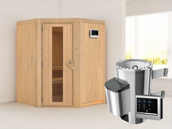 Nanja - Karibu Sauna Plug & Play 3,6 kW Ofen, ext. Steuerung - ohne Dachkranz - Energiespartür