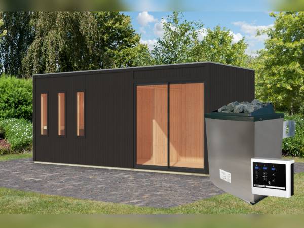 Karibu Saunahaus Monterey, schwarz, inkl. 9 kW Ofen ext. Steuerung, mit Séparée im Vorraum, 73 mm Karibu Saunahaus Monterey, schwarz, inkl. 9 kW Ofen ext. Steuerung, mit Séparée im Vorraum, 73 mm