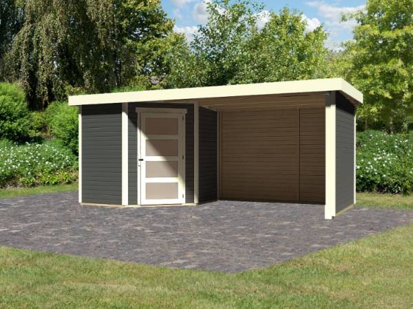 Karibu Gartenhaus Schwandorf 3 terragrau mit Anbaudach 2,75 Meter, Seiten- und Rückwand