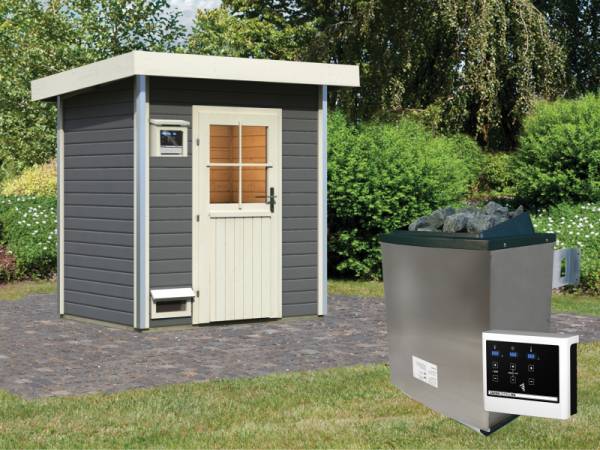 Karibu Saunahaus Jorgen, terragrau, inkl. 9kW Ofen ext. Steuerung, mit klassischer Saunatür