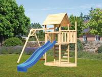 Akubi Spielturm Lotti Satteldach + Schiffsanbau oben + Einzelschaukel + Kletterwand + Rutsche in bla