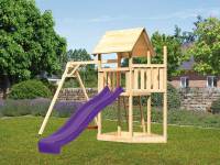 Akubi Spielturm Lotti Satteldach + Schiffsanbau oben + Einzelschaukel + Rutsche in violett