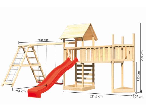 Akubi Spielturm Lotti Satteldach + Schiffsanbau oben + Doppelschaukel mit Klettergerüst + Anbauplatt