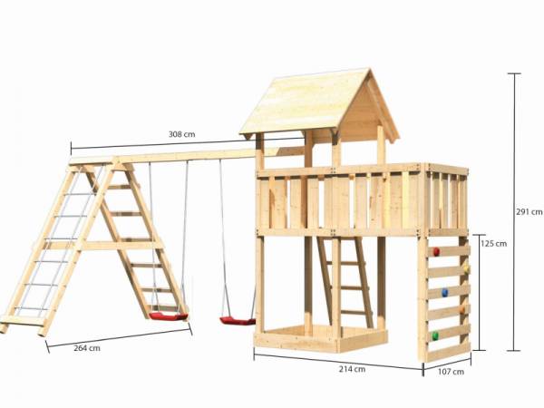 Akubi Spielturm Lotti Satteldach + Doppelschaukelanbau Klettergerüst + Anbauplattform + Kletterwand