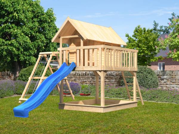 Karibu Stelzenhaus Fidel naturbelassen + Rutsche blau + Doppelschaukelanbau + Klettergerüst und Netzrampe Karibu Stelzenhaus Fidel naturbelassen + Rutsche blau + Doppelschaukelanbau + Klettergerüst und Netzrampe
