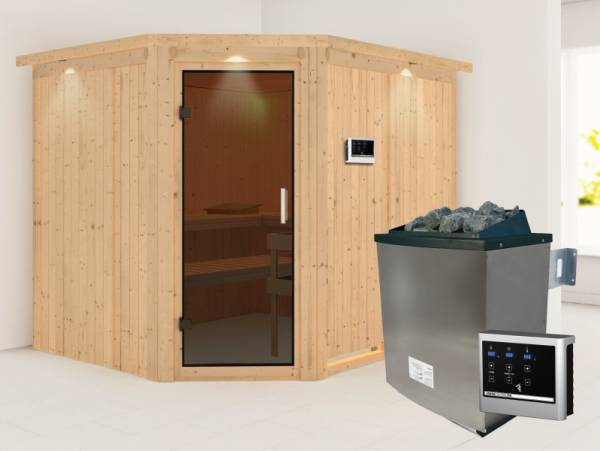 Karibu Sauna Malin inkl. 9-kW-Ofen mit externer Steuerung, mit Dachkranz, mit moderner Saunatür