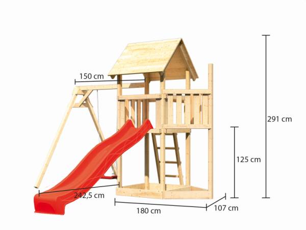 Akubi Spielturm Lotti Satteldach + Schiffsanbau oben + Einzelschaukel + Rutsche in rot
