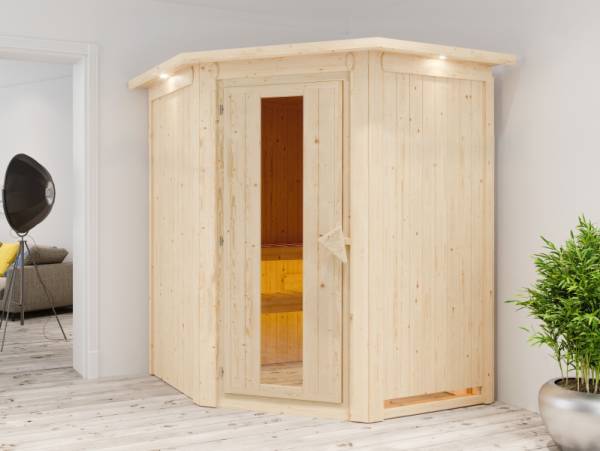 Karibu Sauna Larin inkl. 9 kW Bioofen mit externer Steuerung, mit Dachkranz, mit energiesparender Saunatür