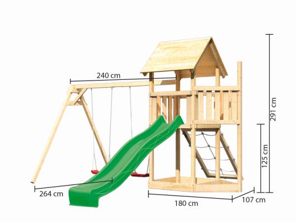 Akubi Spielturm Lotti Satteldach + Schiffsanbau oben + Doppelschaukel + Netzrampe + Rutsche in grün